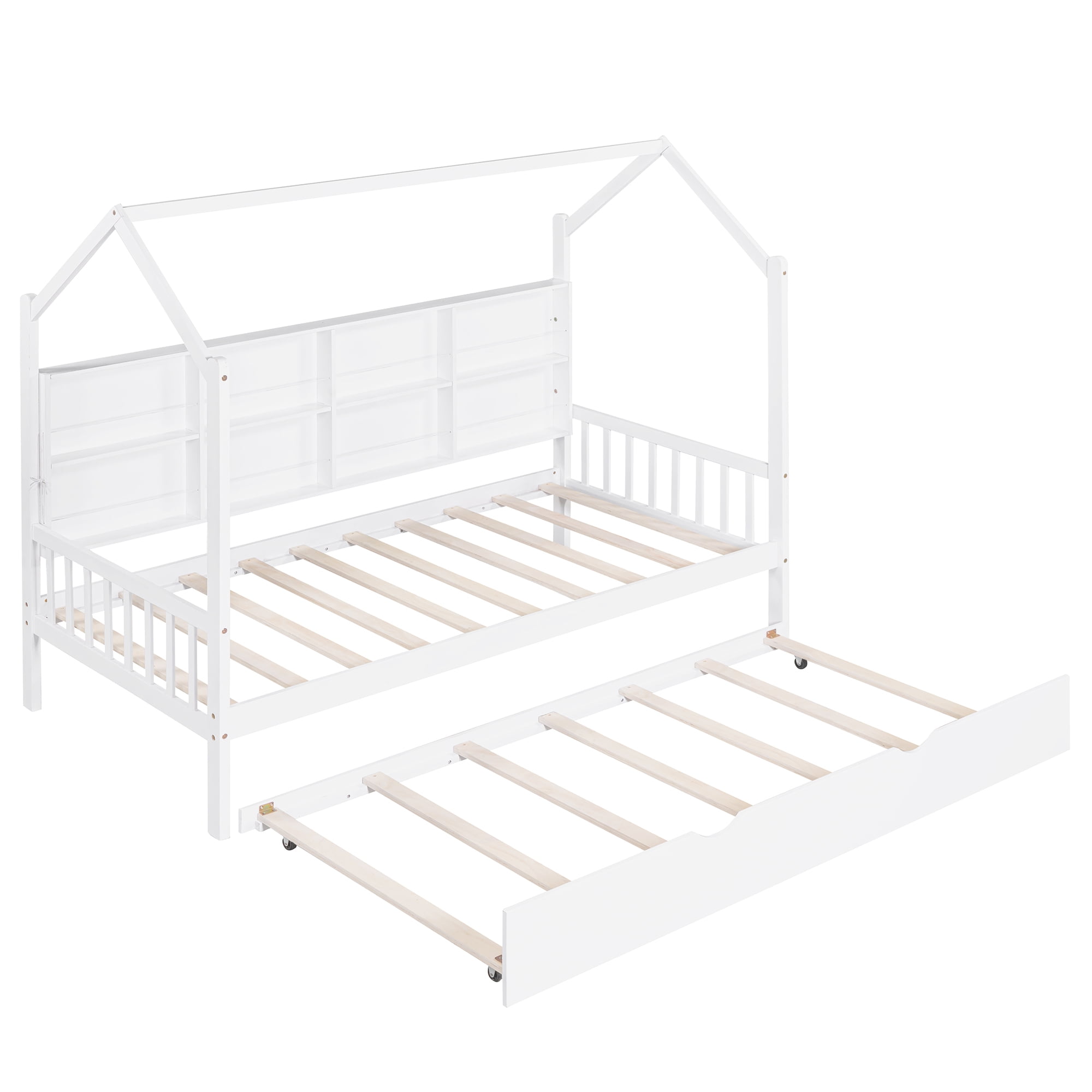 Aukfa House Bed with Trundle, Twin Platform Bed with Storage Shelves and Roof - White