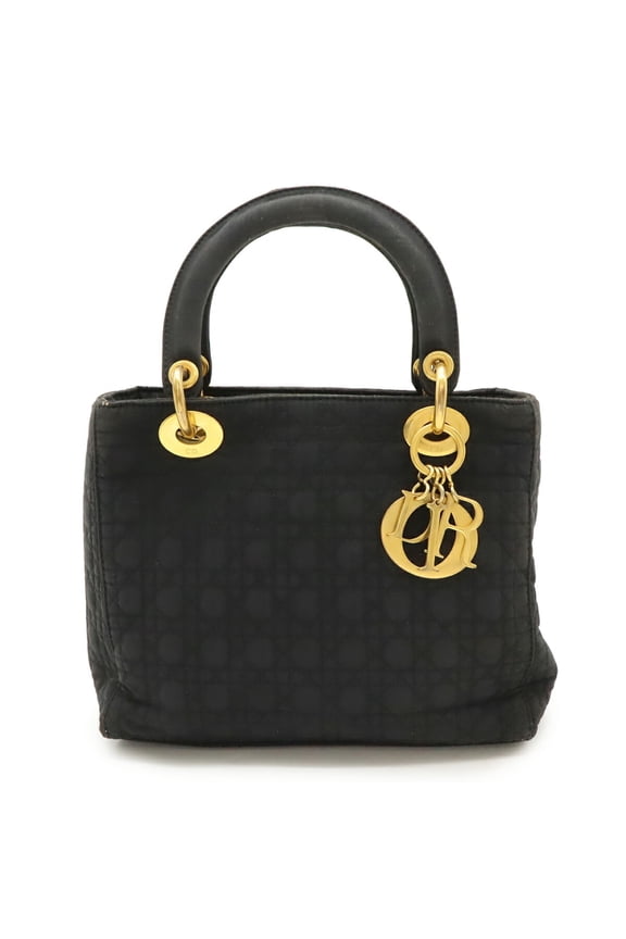 Pre-Owned Christian Dior Lady Cannage Handbag Tote Bag in Black Nylon (Fair)