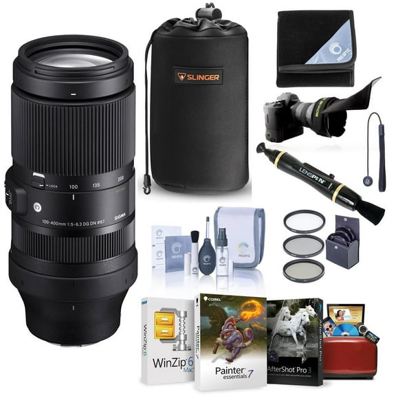 Sigma 100-400mm f/5-6.3 DG DN OS Contemporary Lens for Sony E, Bundle with 67mm Filter Kit, Mac Software Kit, Cleaning Kit, Flex Lens Shade, Lens Cap Tether, Cleaner, Lens Pouch