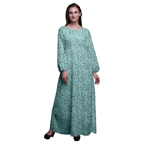 Bimba Moss Georgette Flower Leaves Printed Women’s Long Sleeve Elastic Waist Maxi Dress Gown-XX-Large