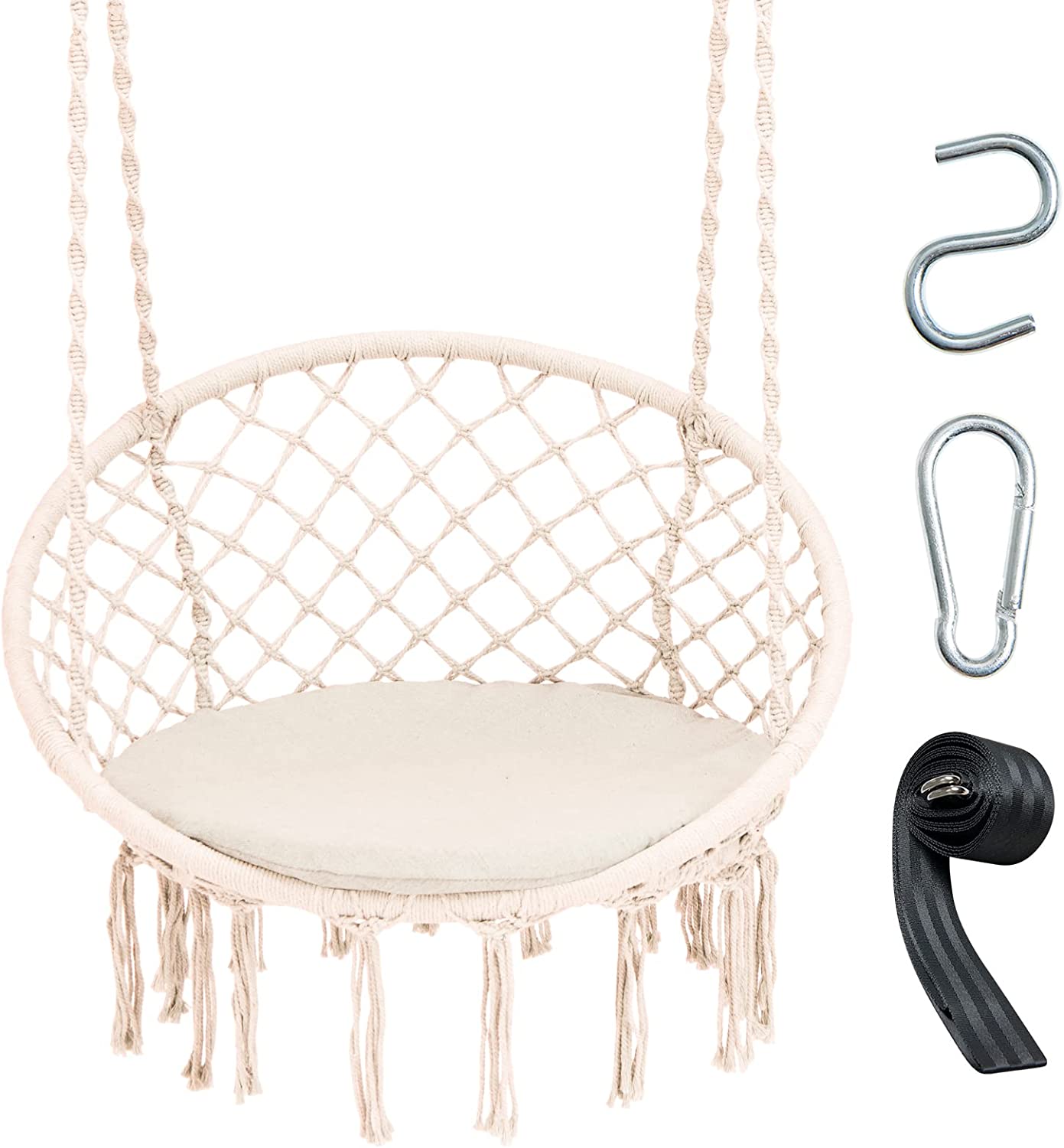 Hammock Chair Macrame Swing - Hanging Chair with Cushion and Hardware Kit,  Indoor Swing for Hammock Stand, Patio, Balcony, Living Room, 330 LBS Weight Capacity, Beige - image 1 of 9