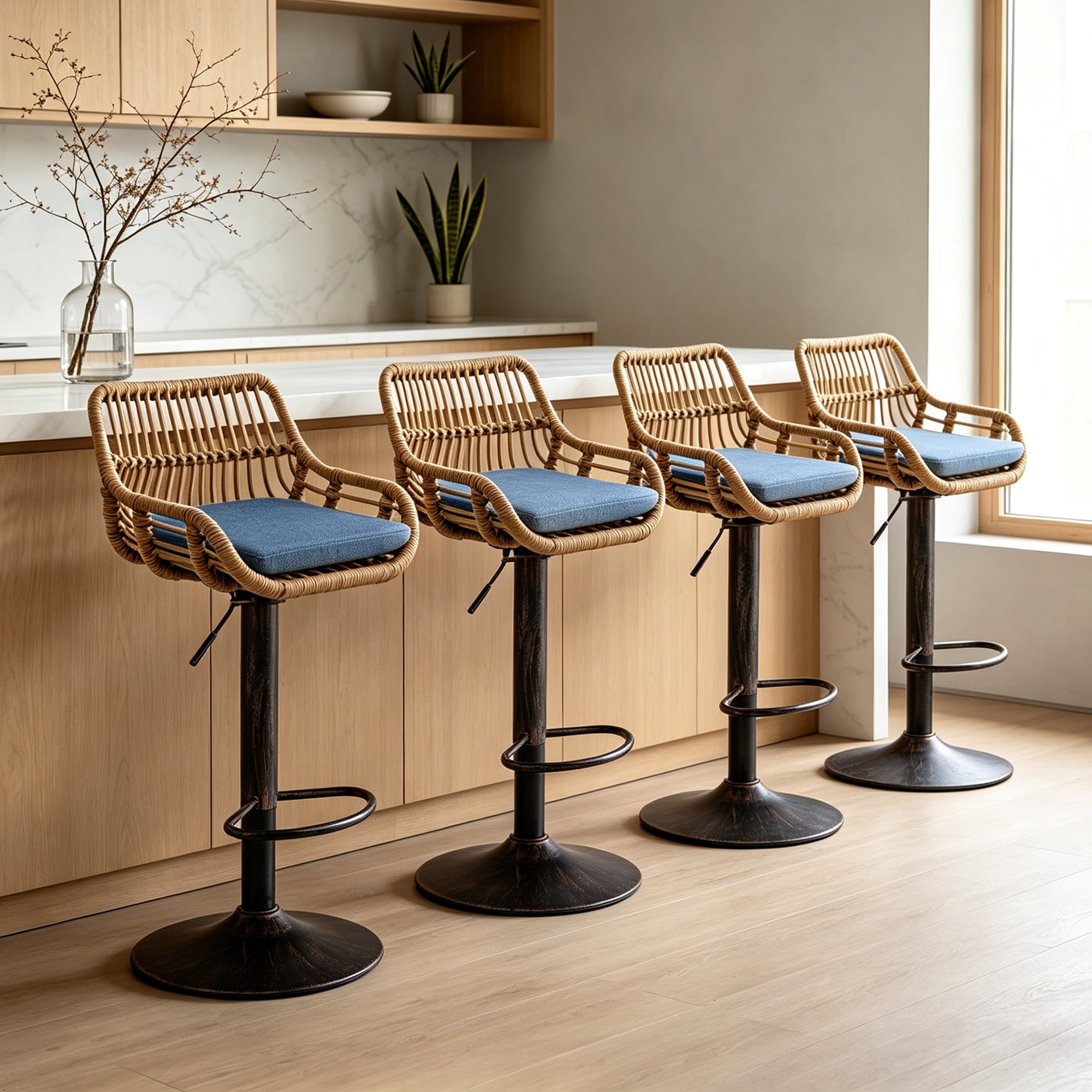 MOONMISS Swivel Bar Stools Set of 2, Modern Adjustable Counter Height Barstools with Back, Rattan Bar Chairs with Cushions & Metal Footrest, Pub Stools for Kitchen, Bar, Dining Room,Blue