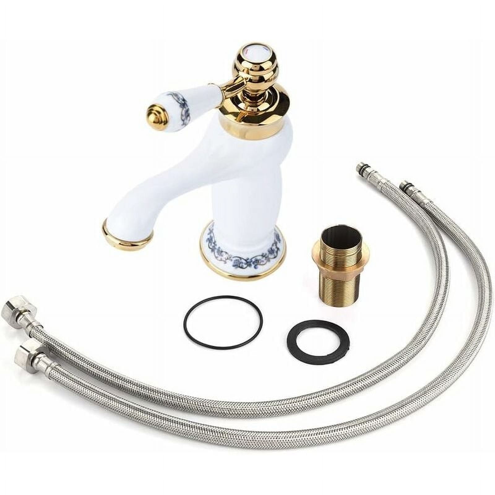 Antique Ceramic Brass Bathroom Sink Faucet Blue And White Ceramic Long Neck Retro Sink Faucet Kitchen Mixer Cold/Hot Water Faucet (White)