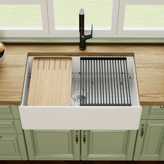 DV-1K0161W 33"L x 20"W Kitchen Sink, Farmhouse Workstation Sink with Cutting Board and Dish Drying Rack