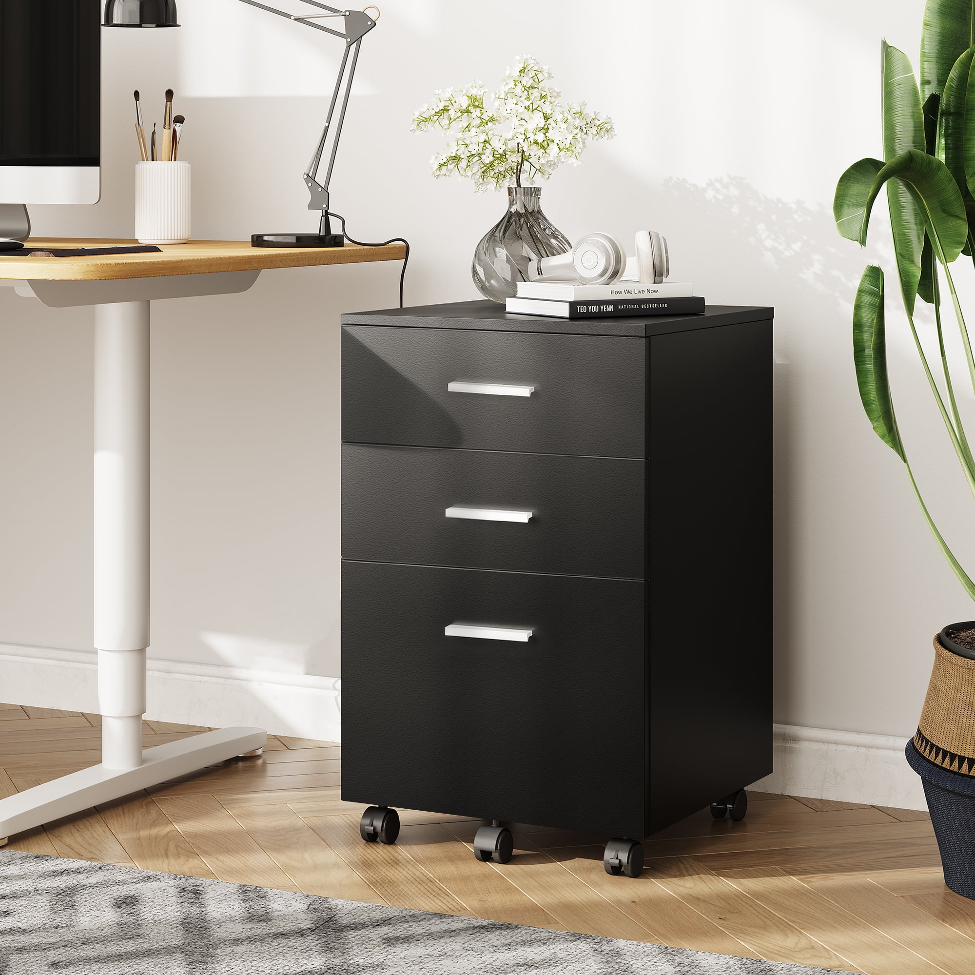 GALAXHERO 3-Drawer Wood Mobile Filing Cabinet, Rolling File Cabinet for Home Office, Fits Letter/A4 Size, Printer Stand, Black