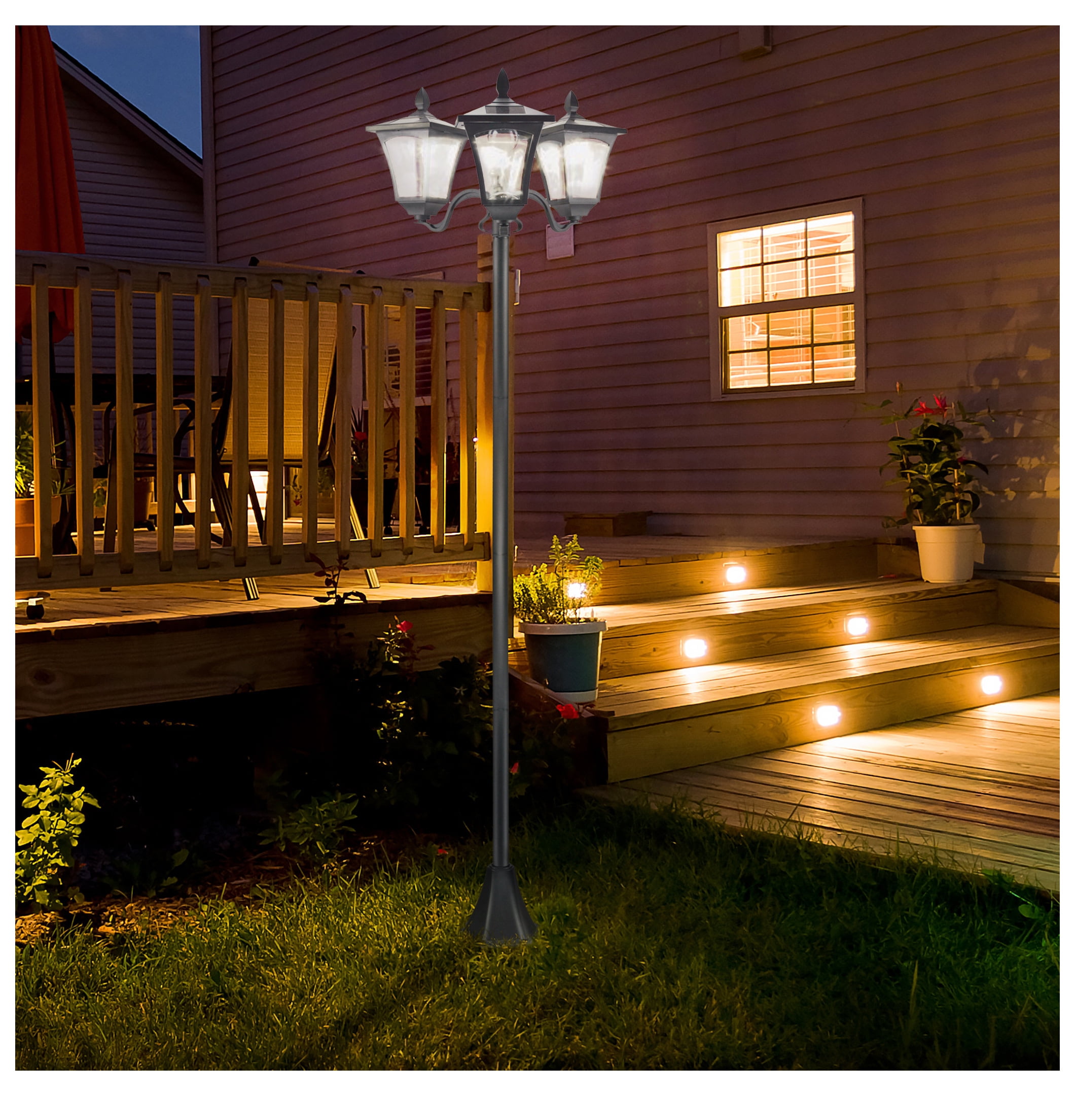 72" Solar Lamp Post, Triple Head Outdoor Light, Stainless Steel, Waterproof Garden Pathway Lights, Vintage Style - Black