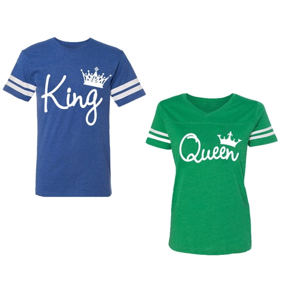 Fashion King Queen Unisex Couple Matching Cotton Jersey style T-Shirt Contrasting stripes on sleeves (Men Royal / Women Green) (Men S / Women M)