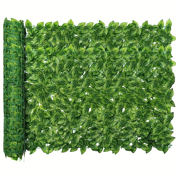 19.6x118inch Artificial Ivy Privacy Fence Screen, Artificial Faux Ivy Hedge, Expandable Faux Privacy Fence with Decoration for Outdoor Garden, Color Printing Watermelon Leaves