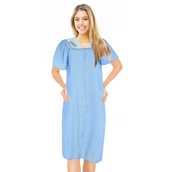 JEFFRICO House Dresses for Women with Pockets - Lightweight Breathable Short Sleeve Muumuu & Nightgowns - Snap Front Housecoat and Dusters for Women