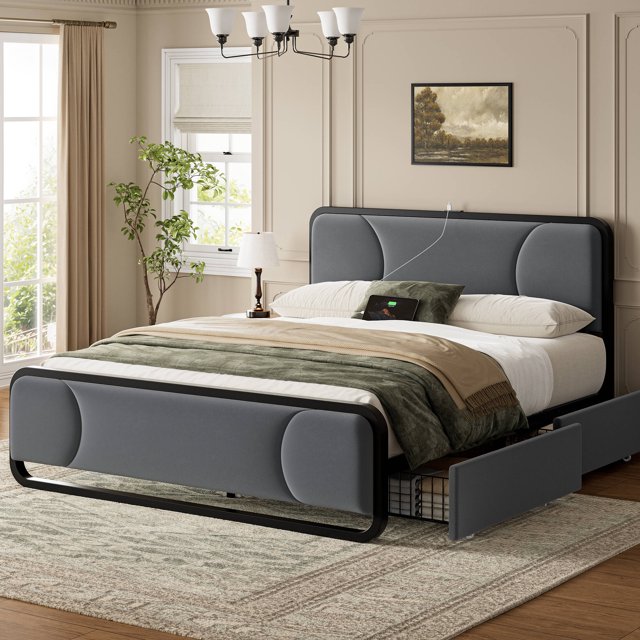 GUNAITO Full Bed Frame with 2 Storage Drawers, Platform Bed with Velvet Upholstered Headboard, Modern Bed Frame with Charging Station & USB Port, Beige