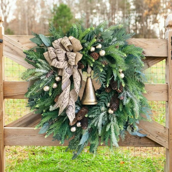 16 Christmas Wreaths Front Door Farmhouse Winter Rattan Wreath Pine Cones Golden Bells Bowknot Artificial Holiday Home Door Wall Hanging Decoration O