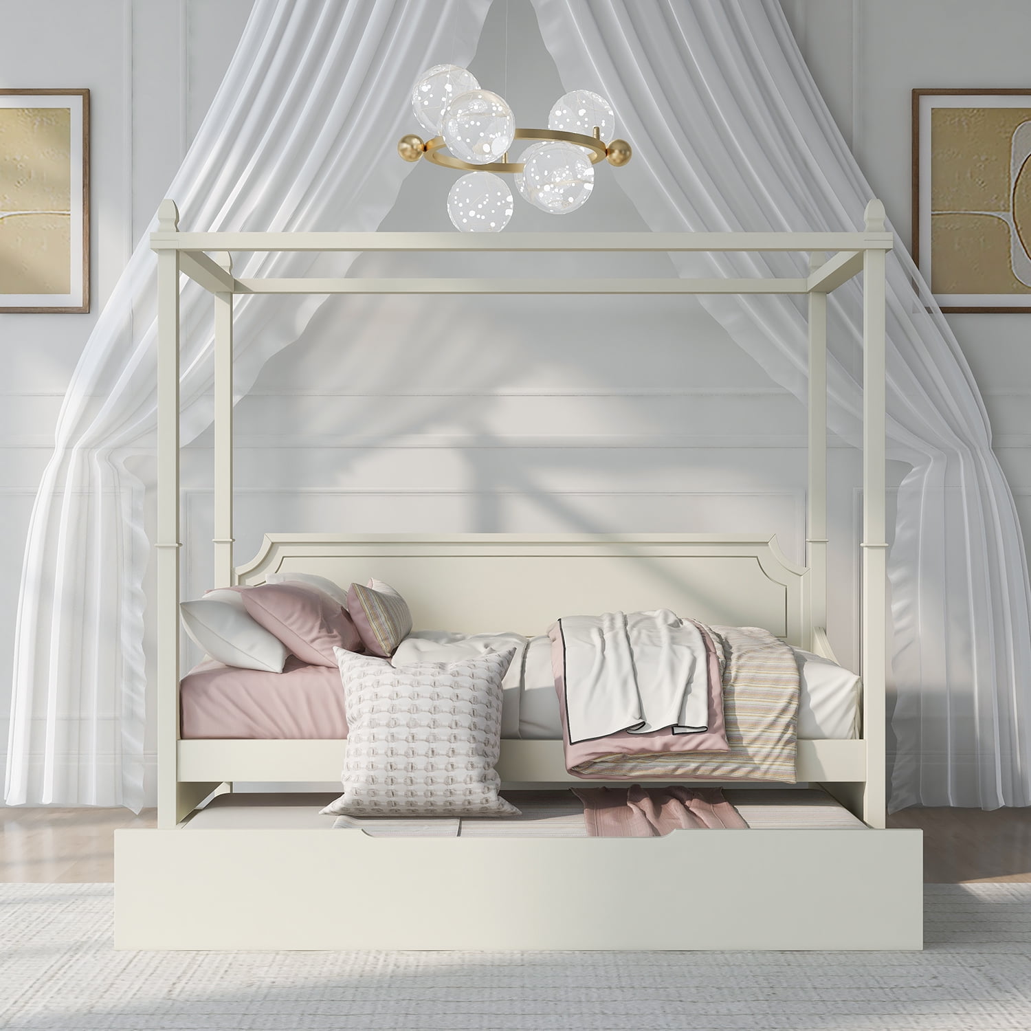 Kadyn Milky White Canopy Daybed, Twin Size Canopy Daybed Frame with Trundle Four Square Columns, Solid Wood Platform Bed Canopy Daybed Frame for Kids Adults Bedroom Dorm, White