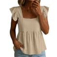 thumbnail image 2 of Tops for Women Square Neck Cotton Linen Blouse Ruffle Sleeves Peplum Top Sweet Casual Summer Clean Outfits Khaki M, 2 of 8