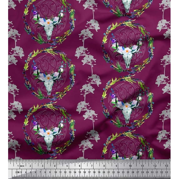 Soimoi Velvet Fabric Floral,Wreath & Skull Animal Printed Fabric 1 Yard 58 Inch Wide