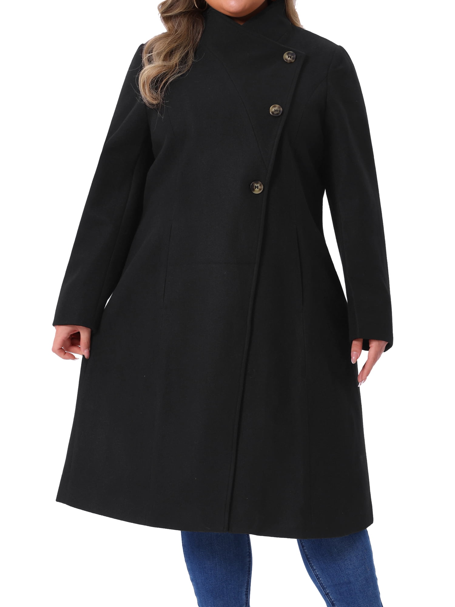 DARING DIVA Women's Plus Size Long Sleeve Stand Collar Trench Coat 2X Black