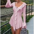 thumbnail image 4 of Women'S Long Sleeve V-Neck Dress Off Shoulder Ruffle Tiered Flowy Bodycon Mini Dresses Pink S, 4 of 10