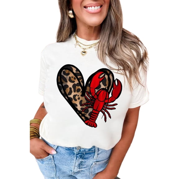 Women's White Crawfish Leopard Heart Print Crewneck Tee for Casual Wear | [ZhiHiMeRi] | (US 20-22)2XL