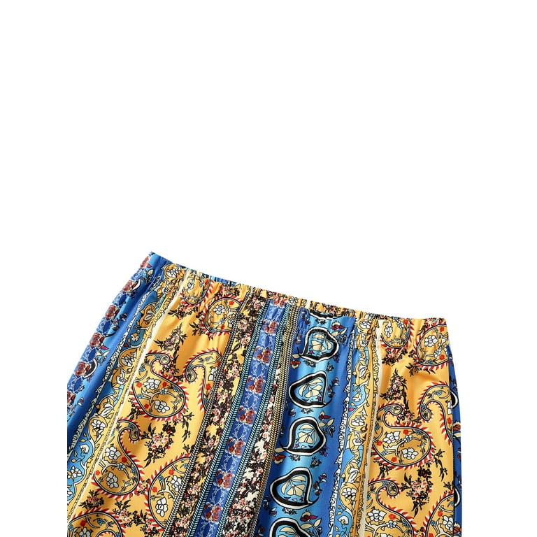 Women's Boho Pants Harem Vintage Floral Print High Waisted Wide Leg Long  Palazzo Bell Bottom Yoga Pants 
