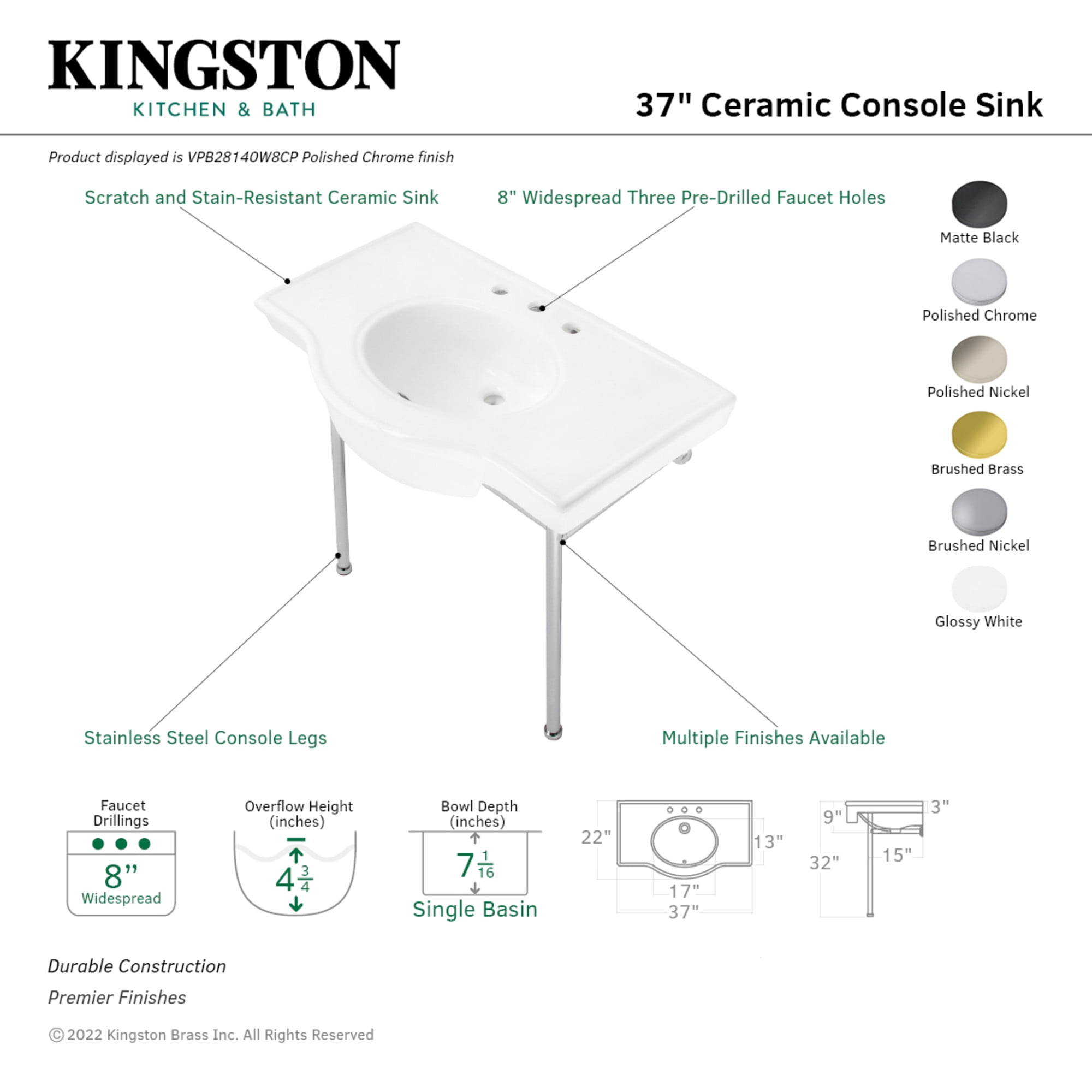 Kingston Brass VPB28140W8CP Manchester 37" Ceramic Console Sink with Stainless Steel Legs (8-Inch, 3-Hole), White/Polished Chrome