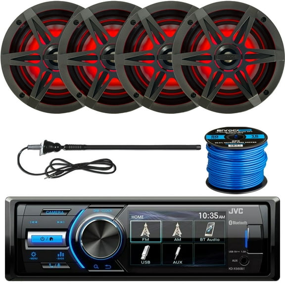 MotorSports Waterproof Digital Media USB AUX Bluetooth Stereo Receiver, 4 x Enrock 6.5" Charcoal 2-Way 120W Marine Speakers with Color Changing LED Lights, Radio Antenna, Speaker Wire