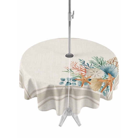 Outdoor Tablecloth with Umbrella Hole for Patio/Picnic/Party/Camping, Summer Coastal Waterproof Table Cloth Round Cover Washable, Nautical Beach Marine Life Beige Striped (Dia 54")