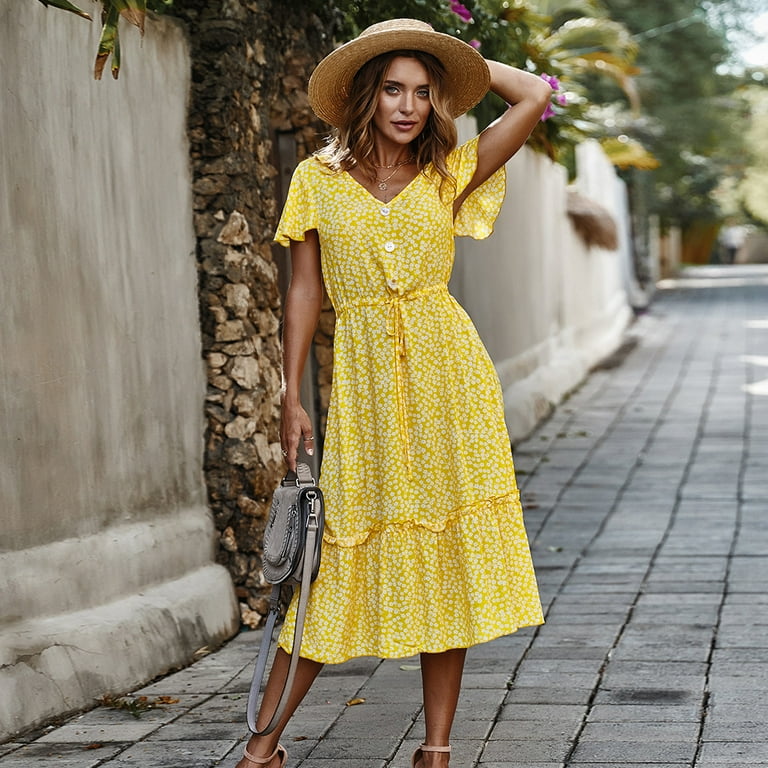 short sleeve long summer dresses PRETTYGARDEN Womens Summer Puff Short Sleeve Maxi Dress Square Neck Sm