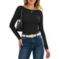 thumbnail image 3 of MOYIKO Boat Neck Long Sleeve Shirt for Woman Slim Fitted Black T Shirts Basic Ribbed Knit Tees Tight Tops, 3 of 7
