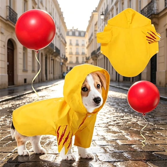 Halloween Dog & Cat Costume Bloodstain Hooded Raincoat with Red Balloon, Scary Pet Outfit for Dogs Cats Halloween Party Dress‑up