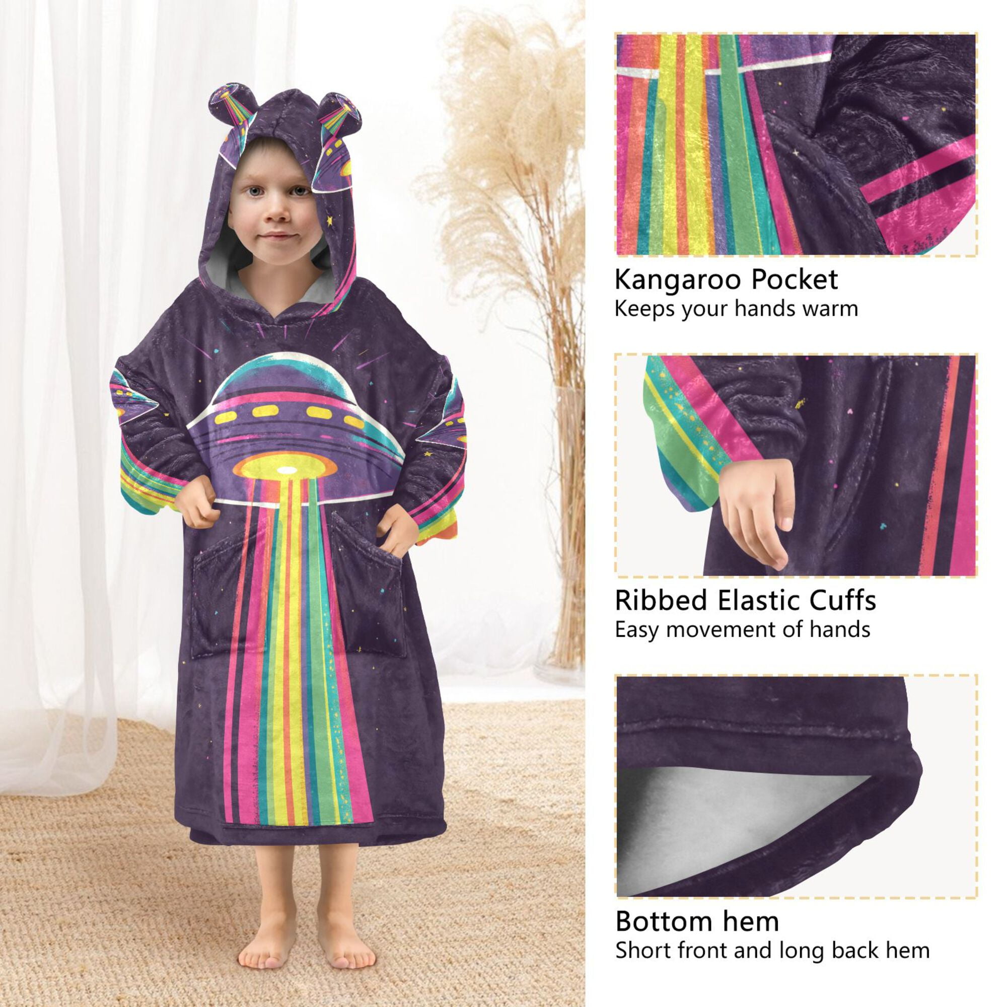 FORMRS Wearable Blanket Hoodie with Sleeves for Kids Cozy Flannel Sweatshirt, Colorful UFO