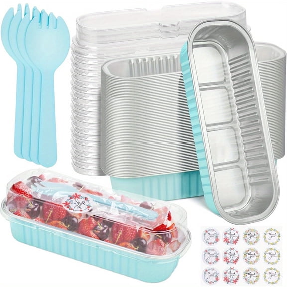 50Pcs Mini Cake Pans Disposable Mini Loaf Pans with Lids and Spoons and Stickers, 6.8Oz Aluminum Foil Pans Tins, Individual Dessert Cups Containers for Sales, Party, Picnics Sky Blue