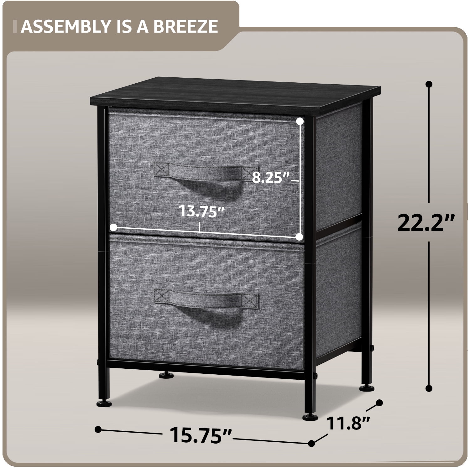 Sorbus Nightstand with 2 Drawers, Steel Frame, Wood Top, Fabric Bins, Black