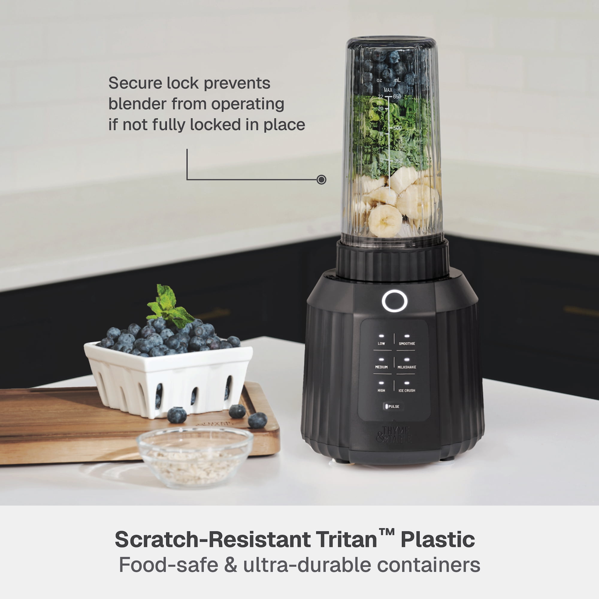 Thyme & Table Countertop Blender Duo, 1100W, 57oz Tritan Pitcher, 6-Point Stainless Steel Blade, 25oz To-Go Cup with Smart Seal™ Lid and Straw, Slate Grey