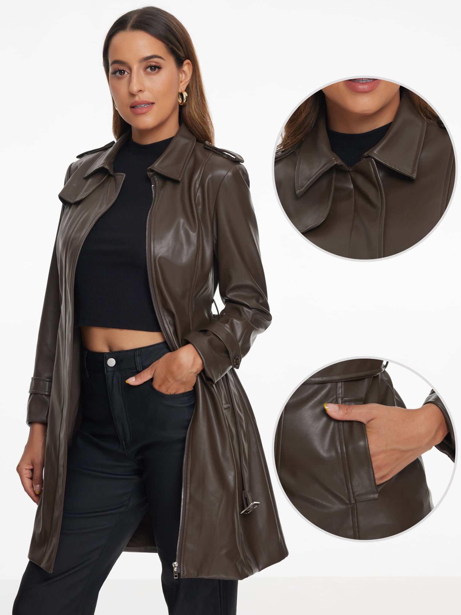 DARING DIVA Women's Lapel Zip Front Faux Leather Long Jacket M Coffee