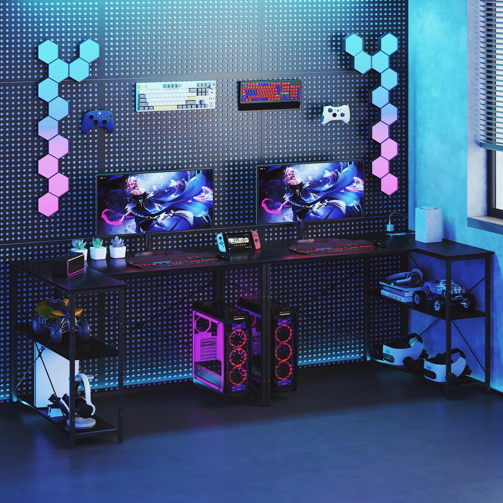 Costway L-Shaped Computer Desk with Power Outlets Adjustable shelf Heavy-Duty Metal Frame Black