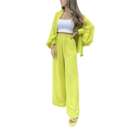 

Gwiyeopda Womens Two Piece Outfits Pajamas Sets Long Lantern Sleeve Button Up Shirt + Pants Set Loungewear