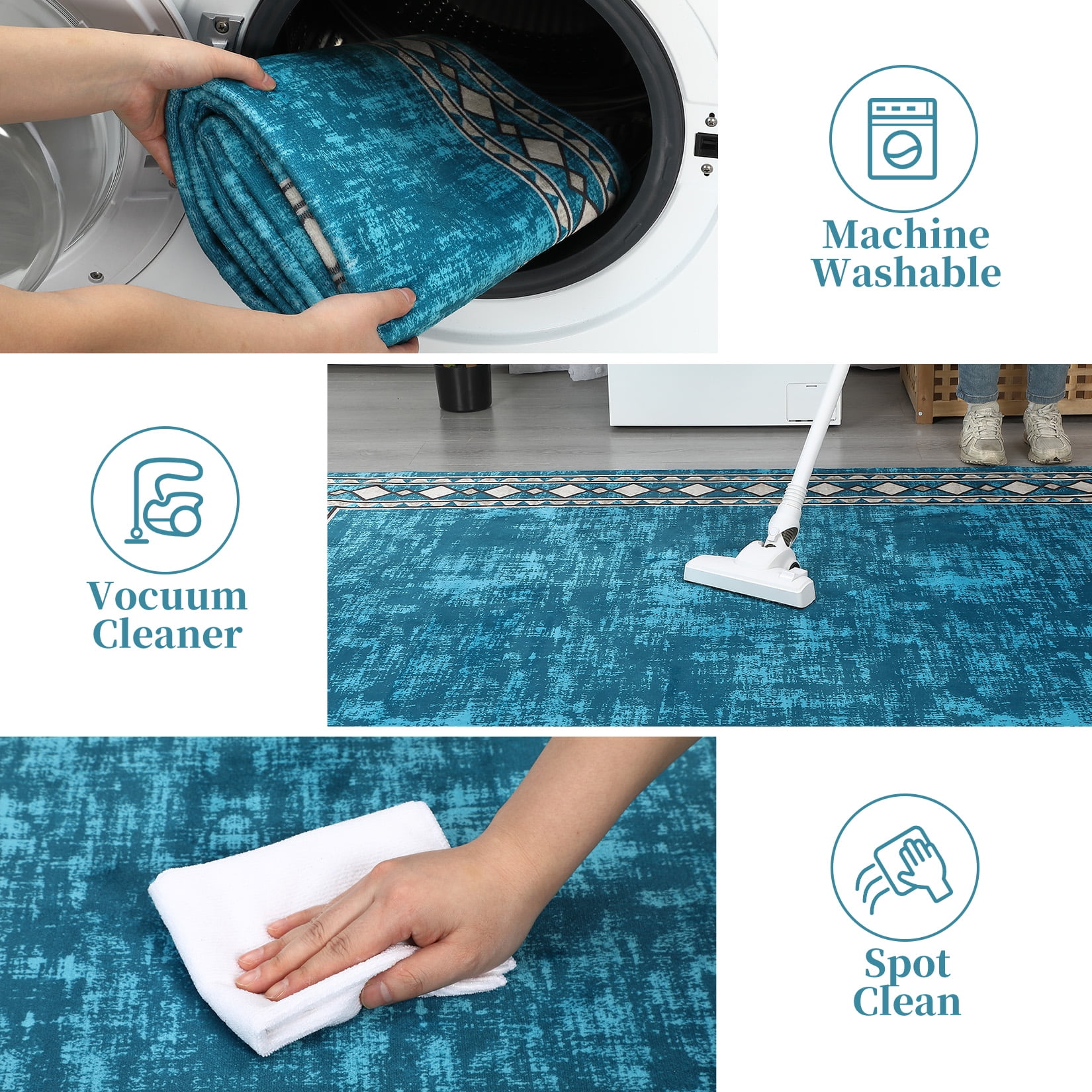 HOMERRY 10' x 13' Area Rug for Living Room Washable Bedroom Geometric Border Indoor Carpet, Teal