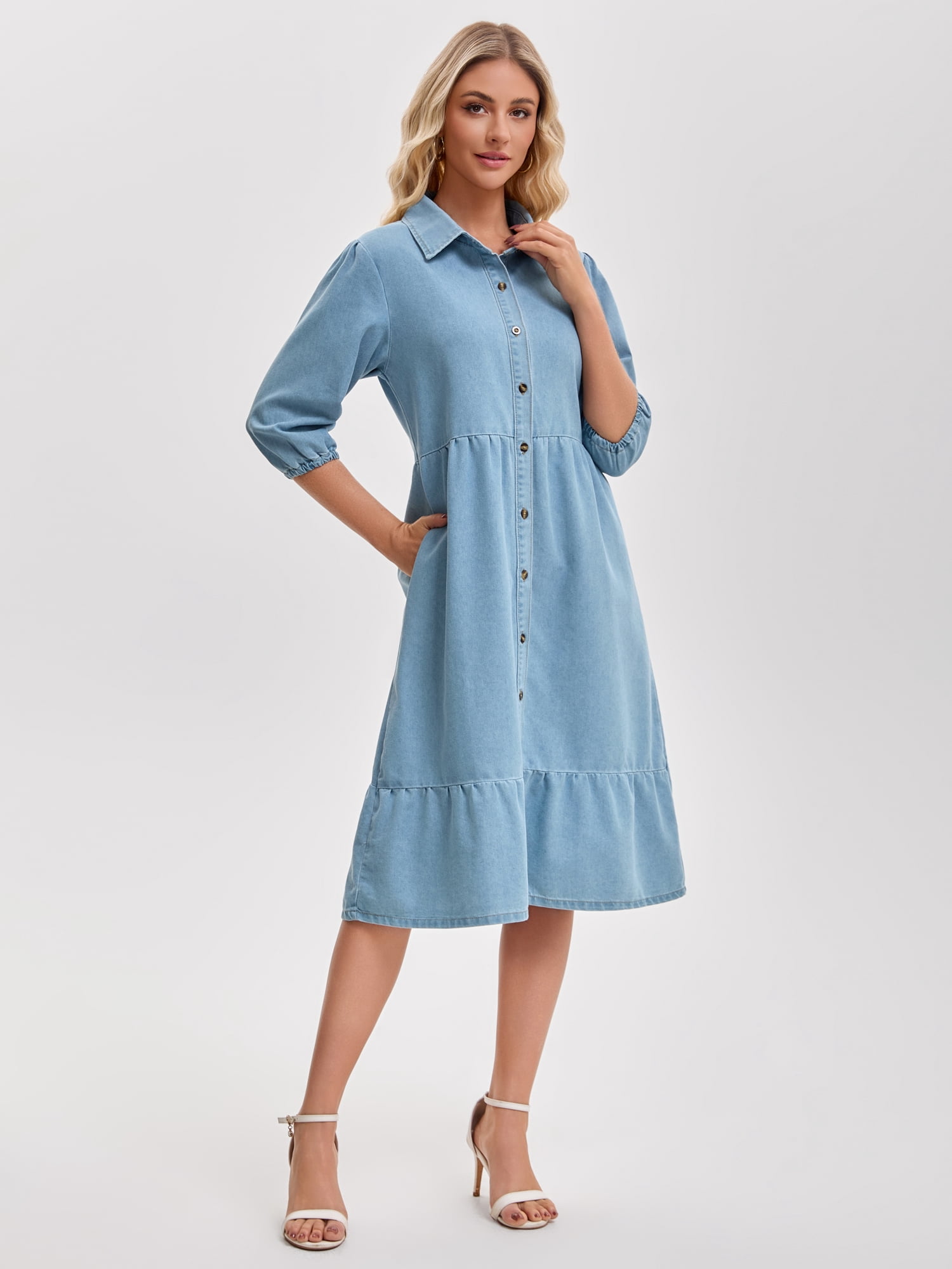 DARING DIVA Women's 3/4 Sleeve Button Down Collar Swing Tiered Dress M Pale Blue