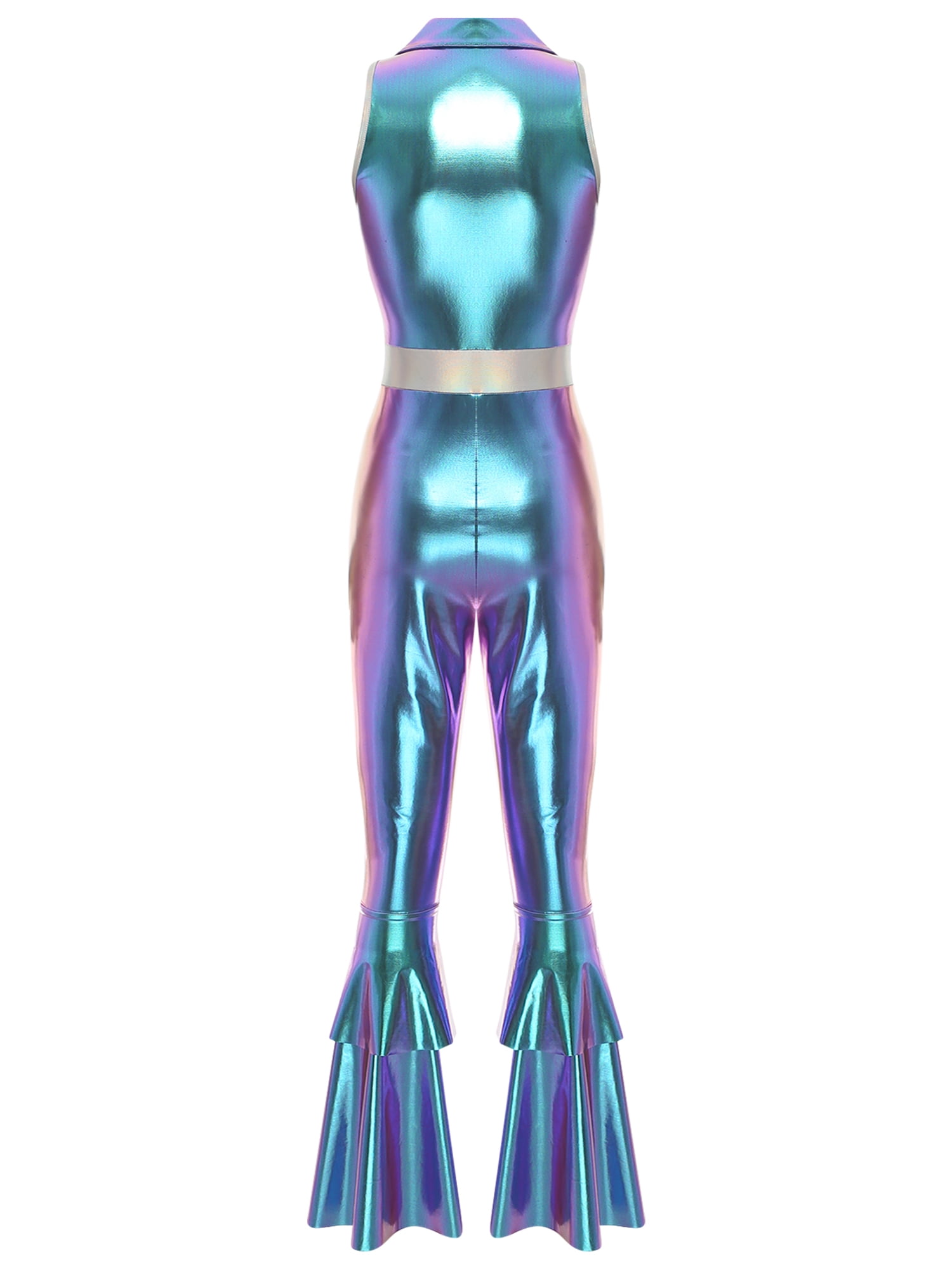 iixpin 70s Costume Outfit for Women Lapel Sleeveless Disco Jumpsuit Holographic Shiny Disco Costume Blue XXL