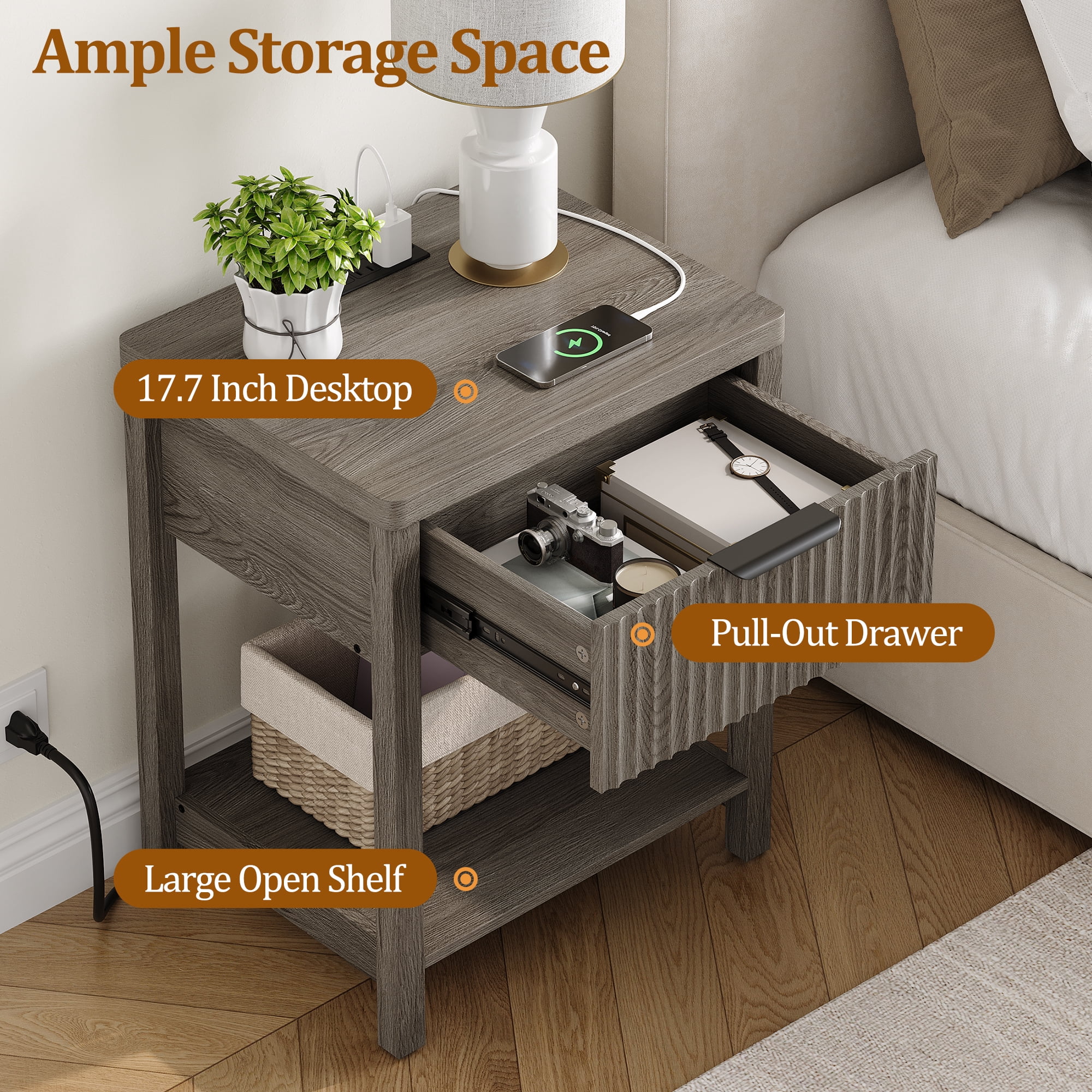 Aufeile Nightstand for Bedroom Set of 2 with Charging Station, Modern Side Table with Drawer & Open Shelf, Fluted End Table with 2 AC Outlets, USB & Type-C, Dark Gray