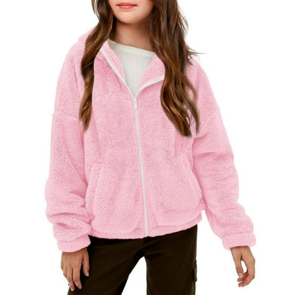 NAISIBABY Kids Girls Fleece Jacket 12T, Zip-Up Long Sleeve Warm Plush Coat Winter Fuzzy Hooded Outerwear Pink