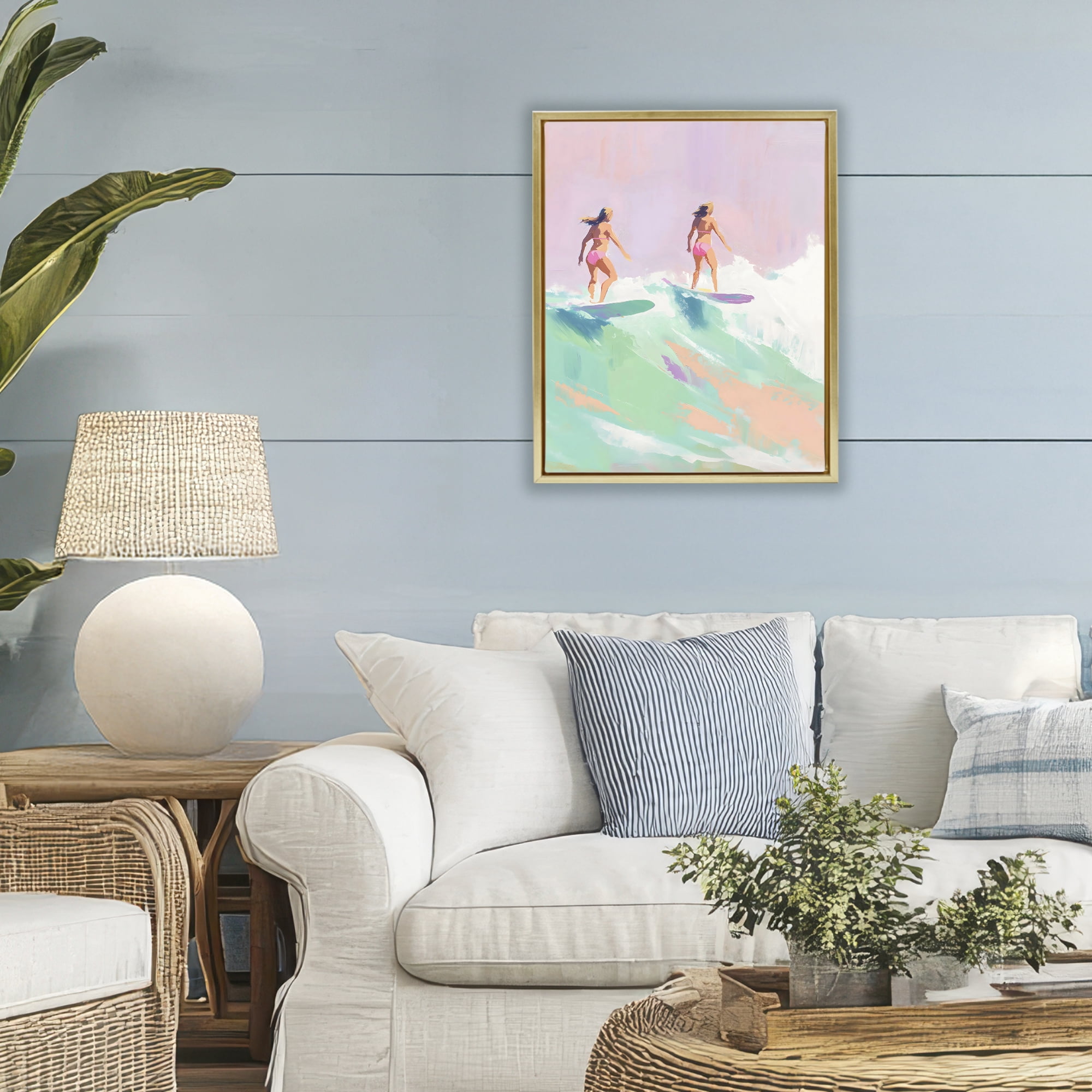 Stupell Industries Two Surfing Girls on Wave Gold Framed Floater Canvas Wall Art, design by The Prints Vibe