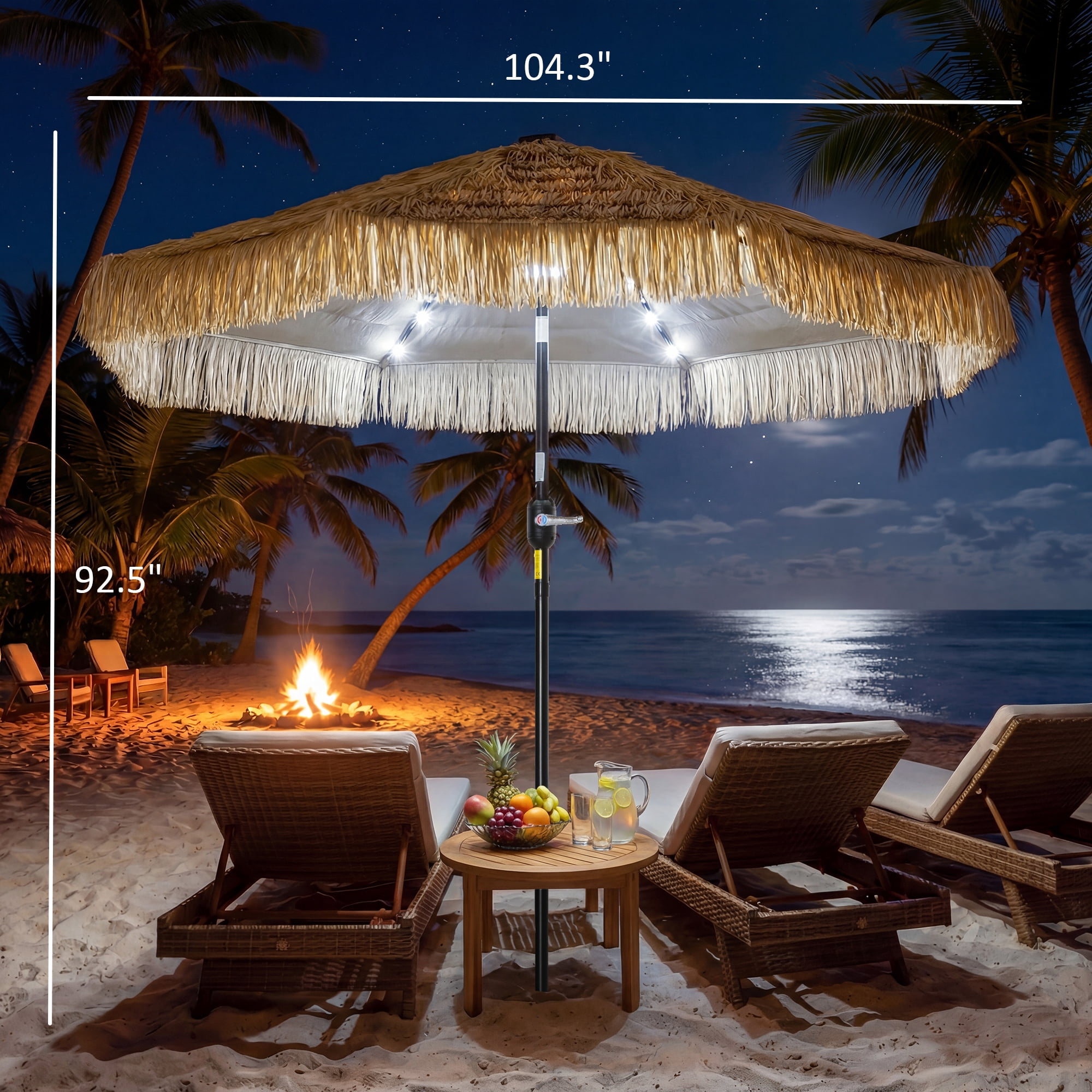 Outsunny 9 ft Hula Thatched Tiki Patio Umbrella with LED Solar Light, Tropical Hawaiian Style Outdoor Umbrella with Crank, Tilt, UPF30+, Khaki