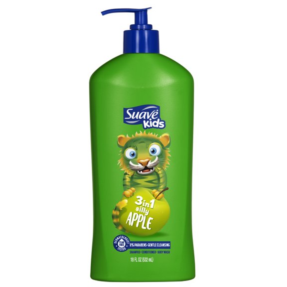 Suave Kids 3 in 1 Silly Apple Shampoo, Conditioner & Body Wash, 18 FL OZ Pump