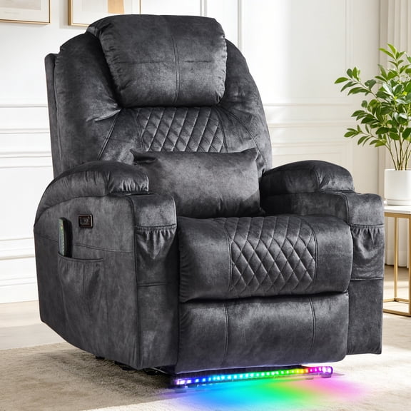 Power Recliner Chair with Massage and Heat, Electric Recliners with LED Lights, Lumbar Pillow, Cup Holders, Side Pocket, USB Port, Home Theater Seating for Living Room, Gray