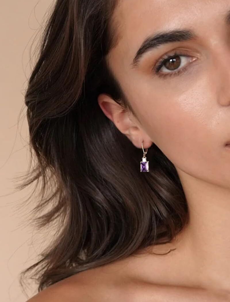 Starchenie Princess/Emerald Brilliant Cut Birthstone February Amethyst Earrings for Women Dangle Earrings Sterling Silver Leverback Earrings Birthday Anniversary Jewelry Gift