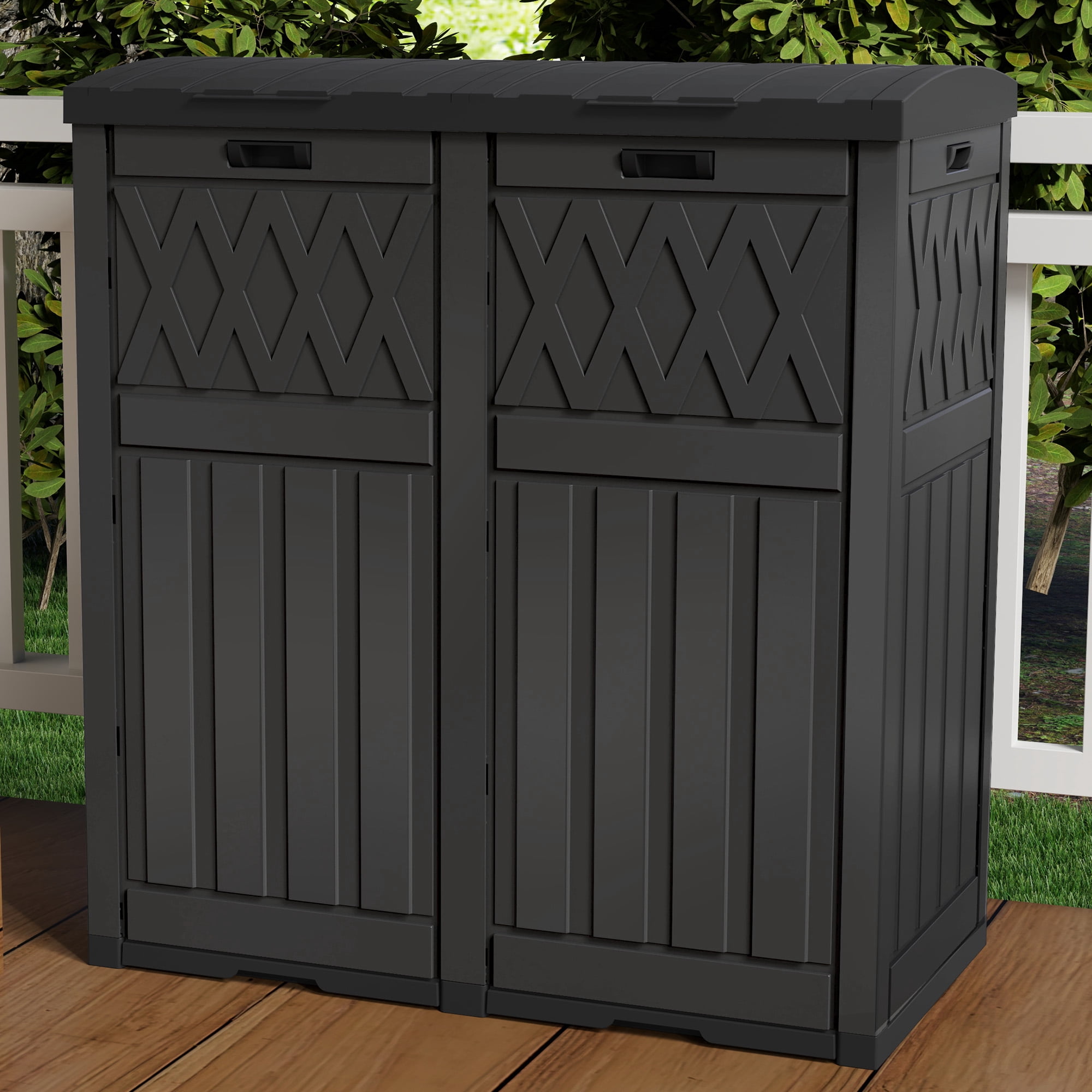 Uforic 61 Gallon Large Double-Bin Trash Can, Weatherproof Waste Bin with Tiered Lid & Drip Tray, Outdoor Garbage Bin ,for Porch, Backyard, Black