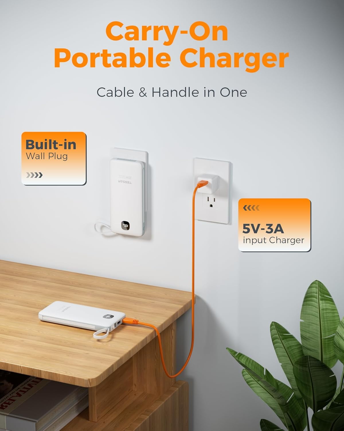 Portable Charger with Built in Cables, 10000mAh Power Bank Fast Charging with Foldable Wall Plug Charger, PD20W Compact Battery Pack Travel Essentials for iPhone 17/16/15 Series,Samsung,Tablets