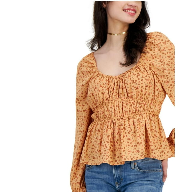 PLANET HEART Womens Puff Sleeve Peplum Blouse, brown, Juniors, M
