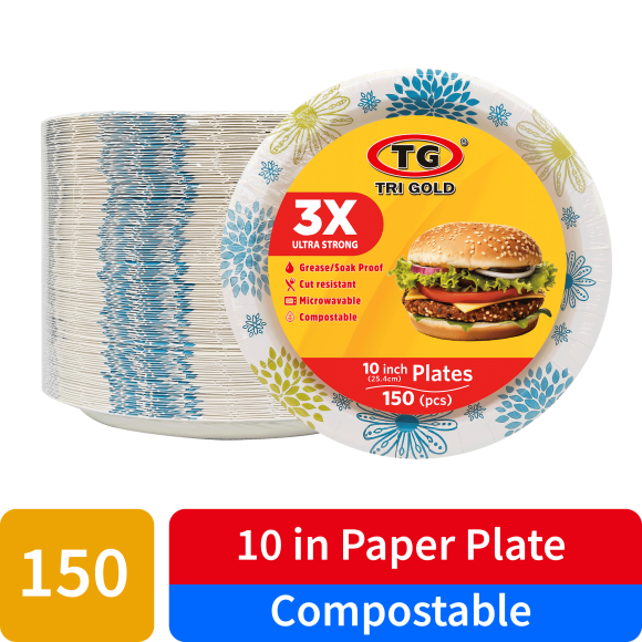 TG TRIGOLD Compostable Disposable Paper Plates, 10",150 Count
