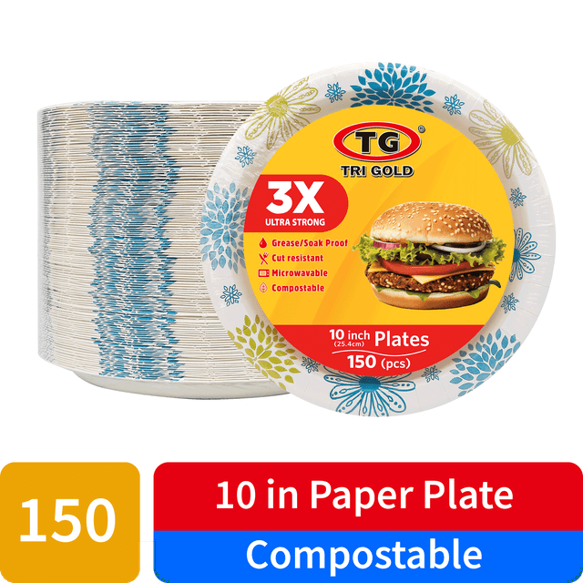 TG TRIGOLD Compostable Disposable Paper Plates, 10-inch, 150 count. These round, deep paper plates feature a daisy design in blue and yellow, are plastic-free, and made from plant fibers with a water-based coating. They are compostable, recyclable, and cut-resistant, suitable for BBQs, snacks, pasta, and cakes. The pack includes 150 plates, ideal for daily use or gatherings.